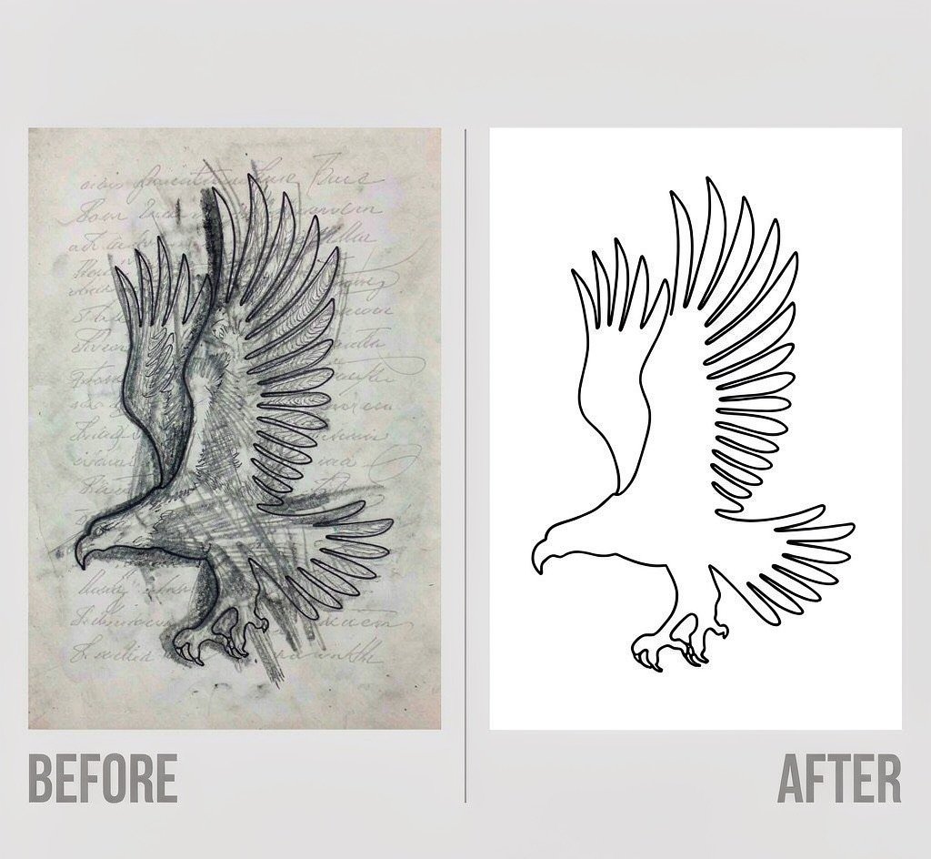 Messy hand-drawn tattoo sketch versus a clean single-line AI stencil contour