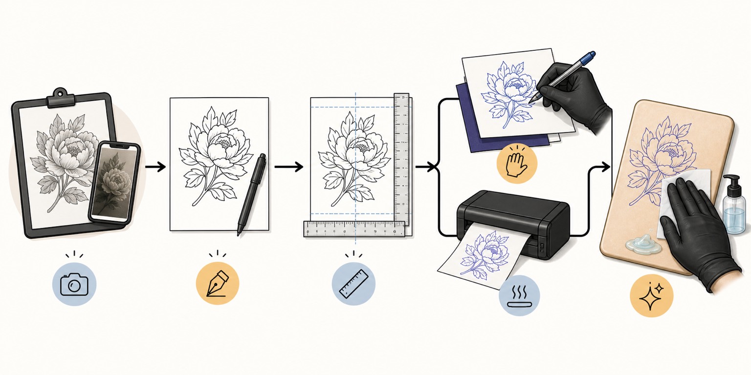 Tattoo stencil workflow: prepare art, generate a clean contour, size it, trace by hand or use a compatible thermal stencil printer, then apply the finished stencil with transfer gel